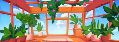 Çizgi film odasının içinde cam duvarlar ve saksılar var. Daire balkonunun vektör çizimi, modern ofis, mavi gökyüzü olan otel verandası, deniz manzarası, yerde ve tavanda yeşil bitkiler, dinlenme bölgesi.