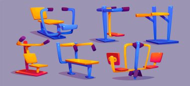 Park Caddesi 'ndeki açık hava spor salonu ve egzersiz aletleri vektör çizim seti. Fiziksel güç kazanmak için antrenman yapmak için spor salonu. Kentsel sağlık alanı tırmanış koleksiyonu