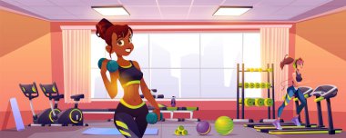Spor salonunda spor yapan aktif kadınlar. Koşu bandında koşan, dambıl egzersizi yapan ve gülümseyen formda kızların vektör çizimi. Spor kulübünün içi eğitim için ekipmanlarla dolu. Sağlıklı yaşam tarzı