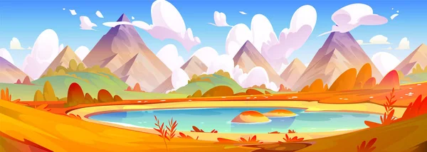 Autumn mountain landscape with lake and orange grass. Vector cartoon illustration of majestic rocky peaks, hills and valley in fall, blue pond under sunny sky with white clouds. Nature banner design