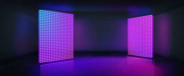 现实的黑暗房间 明亮的Led显示屏 带有霓虹灯色点灯的大型液晶电视面板在黑暗中发光的矢量图解 夜总会 现代艺术工作室 舞台内部配光板 — 图库矢量图片