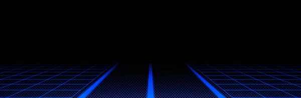 道路線とブルーレーザーグリッドの視点 Vector Illustration Retrowave Cyber Game Background 透明な背景に高速道路の境界線とネオンの風景 80年代Sfマトリクス — ストックベクタ