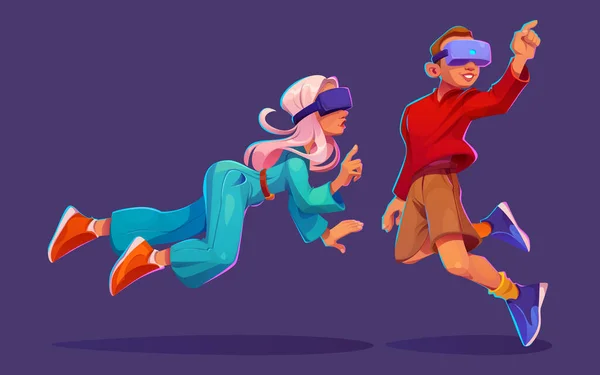 变态游戏技术的载体的男人和女孩的性格 Vr和P2E具有眼镜概念的未来玩家技术 抽象的虚拟现实图标 女性在线卡通人物独立解说 — 图库矢量图片
