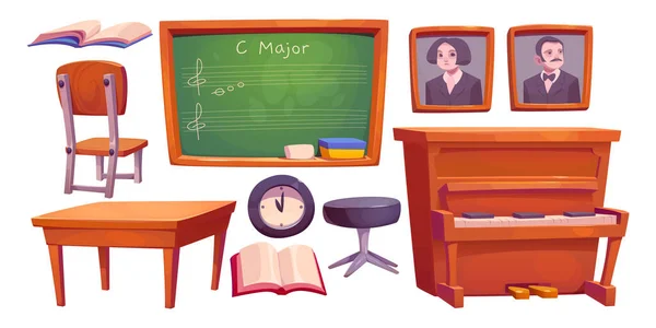 Cartoon Kinder Schulmusik Klassenzimmer Mit Klavier Isoliert Möbel Vektor Set — Stockvektor