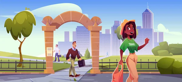 シティパークガーデンアーチエントランス漫画のベクトル背景 超高層ビル街や幸せな人々と街のゲートやアーチ型の風景 芝生の近くの舗装された道を歩く袋を持つ黒人女性 — ストックベクタ