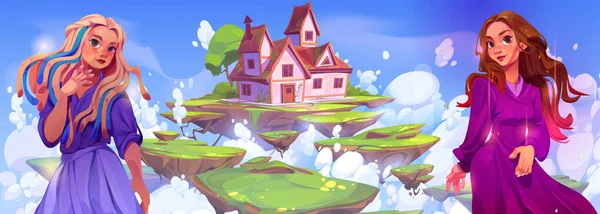 天空中的魔法屋还有站着的女人童话中的善与恶对立面的王国性格 带着建筑风景漂浮在岩石天岛上 威奇豪宅的空气景观 — 图库矢量图片