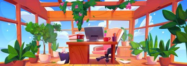 Mobilyalarla dolu bir çizgi film ofisi. Balkondaki ev ofisinin vektör illüstrasyonunda bilgisayar ve belgeler masanın üzerinde, rahat koltuk, yerde ve tavanda yeşil bitkiler, mavi gökyüzü manzarası