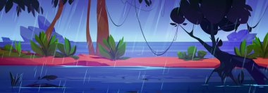 Orman ormanında yağmur, nehir karikatürü vektör arkaplanlı. Doğal su manzarası tropikal hava manzarası çizimi. Amazon yağmur ormanlarının deniz manzaralı sahili. Gövdesi, ağaç silueti var.