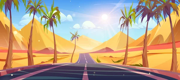 Sand Wüste Straße Perspektive Ansicht Palme Landschaft Szene Hintergrund Cartoon — Stockvektor