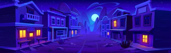 夜晚狂野的西部城市街道用旧的木制房屋 在客厅 警长办公室 商店大楼 在漆黑的天空中闪耀的满月之间的道路的矢量图解 冒险游戏背景 — 图库矢量图片