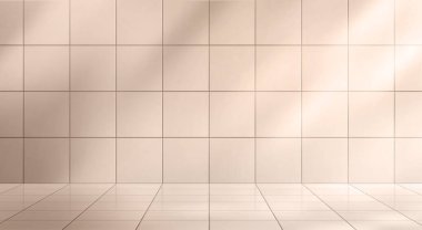 Seramik fayans duvarı ve zemin vektör illüstrasyonlu banyo stüdyosu. Açık tuvalet içi için kare şeklinde temiz desen. Bej geometrik soyut banyo, gölgeli. Pastel parlak yapı