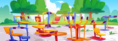 Yaz parkında yeşil ağaçlı açık hava spor aletleri. Güneşli bir günde sokak egzersizleri için renkli makinelerin vektör çizimi, kamu bahçesinde, okul bahçesinde veya kampüste fitness eğitimi