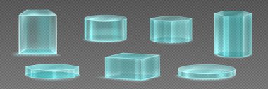 3D cam podyumlar, ürün sergisi için kristal platformlar. Boş alan farklı geometrik şekillerde duruyor. Mavi pleksiglass 'tan yayalar şeffaf arkaplanda izole edilmiş, vektör gerçekçi