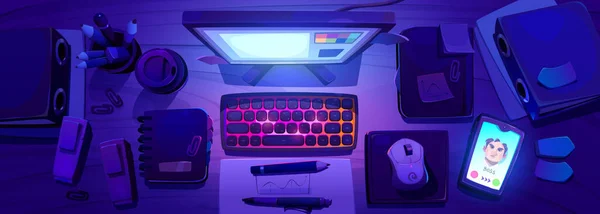 Νυχτερινό Γραφείο Εικονογράφηση Διάνυσμα Φωτός Υπολογιστή Γραφείο Σπίτι Τραπέζι Επιφάνεια — Διανυσματικό Αρχείο