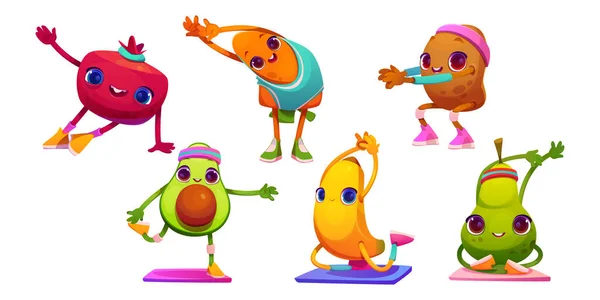 Fruit Vegetable Funny Character Yoga Exercise Vector Cartoon Illustration Set — Stock Vector