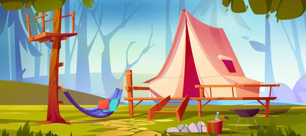 Zeltlager Teich Waldvektorhintergrund Cartoon Adventure Illustration Mit Baumsilhouette Axt Und — Stockvektor