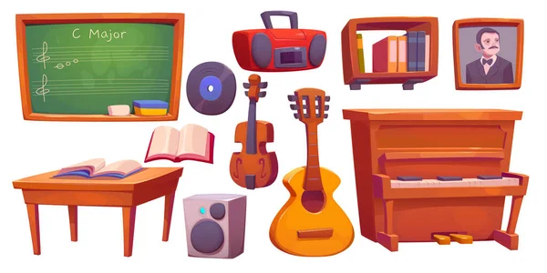 卡通集的音乐教室设计元素孤立在白色之上 老式钢琴 小提琴 录音机 书桌和书架上的书籍 黑板上的笔记的矢量插图 艺术教育 — 图库矢量图片