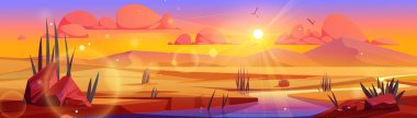 Sahra Çölü 'nden akan nehir. Gün batımında kumlu kum tepelerinin vektör çizimi, kıyıda taşlar, suyun yanında büyüyen yeşil kaktüsler, havada parlayan güneş ışığı, gökyüzünde uçan kuşlar.