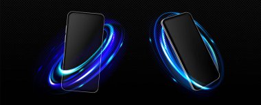 Neon ışık efektli telefon. Siyah ekranlı akıllı telefonun modeli ve soyut işaret fişeği izleri, şeffaf arkaplanda izole edilmiş daire mavi ışık, vektör gerçekçiliği