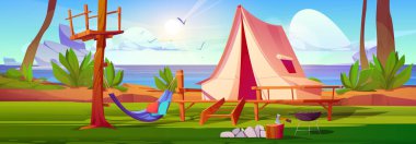Orman vektör arka planında göletin yanında kamp çadırı. İçinde ağaç, balta ve hamak olan çizgi film macera çizimleri, yaz tatili. Tatil gezisinde ızgara pikniği gezisi, kaya ile deniz maliyeti
