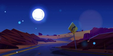 Dönüş işaretli eğri çöl yolu gece manzarası vektör arka planı. Batı Arizona kum sahnesi ve boş kanyon karayolu. Dark Rock Valley istikameti, Amerika 'nın vahşi doğası yol haritası..