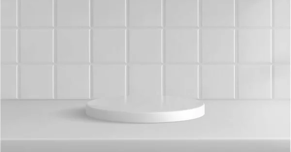 3D白色厨房瓷砖平台背景图 透视产品展示工作室与底座场景和阴影 用于演示和模拟的现实的清洁浴室陶瓷陈列柜 — 图库矢量图片