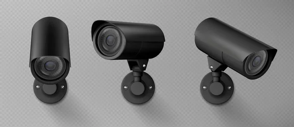 3Dセキュリティカメラ Cctvカメラは透明背景に隔離されています 安全監視システム 異なるビューでのビデオ制御装置 ベクトル現実的なイラスト — ストックベクタ