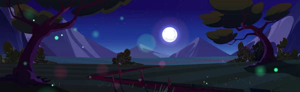 Ночная Тропа Поле Горных Лесах Иллюстрация Векторного Ландшафта Природы Мультфильм — стоковый вектор