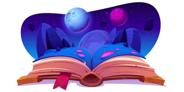 白に隔離されたページ上のファンタジー空間の風景と本を開きます 宇宙の惑星の表面についての物語のベクトル漫画のイラスト 夜空に飛んで隕石 宇宙の冒険 趣味を読む — ストックベクタ
