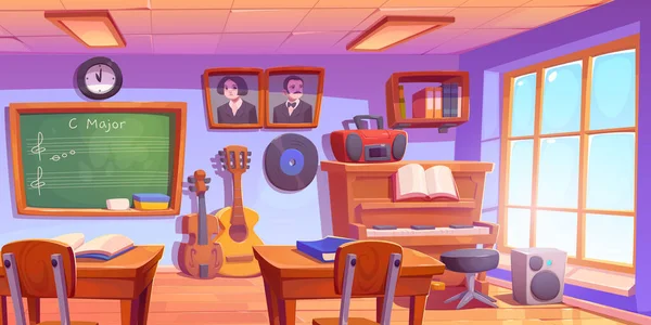 卡通音乐教室的内部配备家具和乐器 带老式钢琴 小提琴 录音机 墙上的作曲家肖像 黑板的教室的矢量插图 — 图库矢量图片