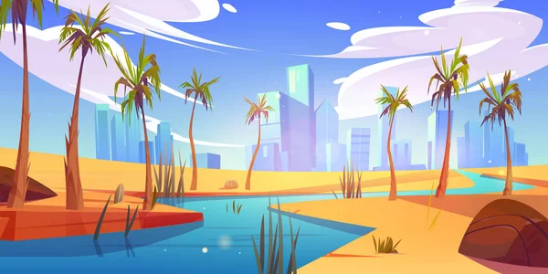 Небесный Пустынный Пейзаж Рекой Городе Карикатурная Иллюстрация Песчано Нильская Водная — стоковый вектор