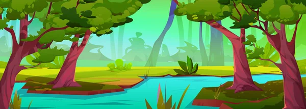 ジャングルの森のベクトル熱帯の風景の背景に川 緑の芝生と野生のアマゾンの風景と流れるストリーム水の水の漫画の自然イラスト 渓谷の熱帯雨林ゲームシーンのデザイン — ストックベクタ
