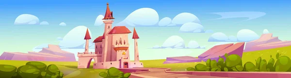 Мультфильм Сказка Средневековый Замок Векторный Ландшафт Королевства Фон Путь Принцессе — стоковый вектор
