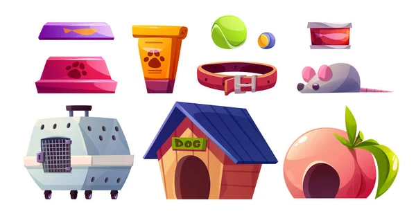 Pet Shop Interieur Isoliert Vektor Cartoon Cliparts Tierspielzeug Und Lebensmittel — Stockvektor