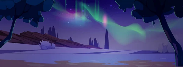 Polarlichter Nächtlichen Polarhimmel Viele Sterne Über Verschneitem Gebiet Vektor Cartoon — Stockvektor