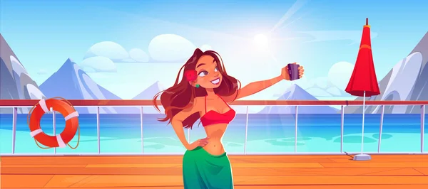クルーズ船のデッキテラス漫画の背景に山の海の景色で自撮りをしている女の子 女性は海の北の自然と木の堤防で写真を撮る 穏やかな海の水と海洋スカイラインのシーン — ストックベクタ