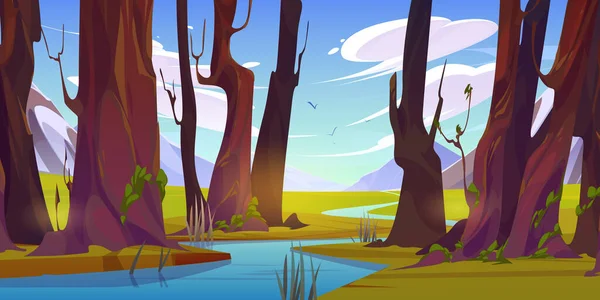 夏季森林中的河流和山地自然矢量卡通画景观 绿草在树下 溪流优美流淌 靠近草地 空旷的野生森林全景野外环境背景 — 图库矢量图片