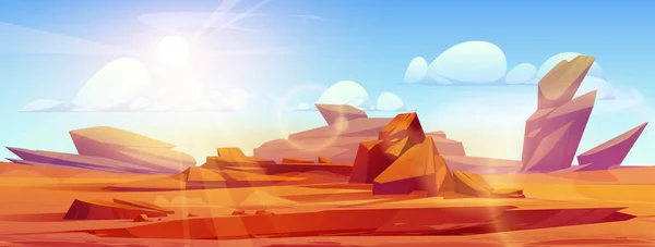 Unbewohnte Wüstenlandschaft Unter Gleißender Sonne Blauen Himmel Vector Cartoon Illustration — Stockvektor