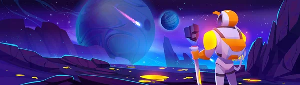 Astronaut Prozkoumat Planetu Vesmíru Karikatura Fantasy Vektorové Pozadí Padající Meteorit — Stockový vektor