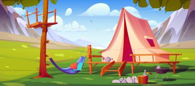 Kamp çadırı ve hamak, dağ vadisi manzarası macera çizgi filmi arka planı. Mavi gökyüzü, uçan kuşlar açık havada ateş ve ızgarayla piknik yapıyor. Kamp alanı yürüyüşü, doğa keşfi tasarımı