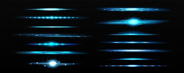 水平蓝色闪光发光线分割矢量 中子激光爆炸具有透明的光束效应 闪烁着光芒和模糊的集合的孤立的明亮速度能量运动闪亮的覆盖 — 图库矢量图片