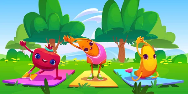 Cartoon Kawaii Φρούτα Και Λαχανικά Άσκηση Στον Καλοκαιρινό Κήπο Εικονογράφηση — Διανυσματικό Αρχείο