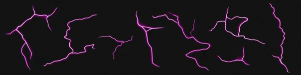 Реалістичний Набір Блискавок Чорний Прозорий Фон Векторна Ілюстрація Неонових Фіолетових — стоковий вектор