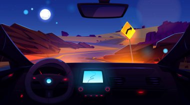 Gece çöl otoyolu manzaralı bir araba şoförü. Otomatik karikatür çizimi GPS navigasyon ekranı, direksiyon simidi, ön camda taşlar görünen eğri yol, gökyüzünde ay