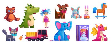 Cartoon set of toy shop goods isolated on white background. Vector illustration of doll, teddy bear, stuffed cat, dog, bunny, elephant, dinosaur, wood horse, truck. Collection of gifts for children clipart
