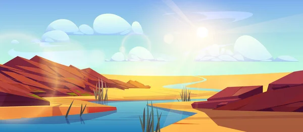 River Flowing Sahara Desert Vector Cartoon Illustration Hot Sandy Dunes — Stock Vector