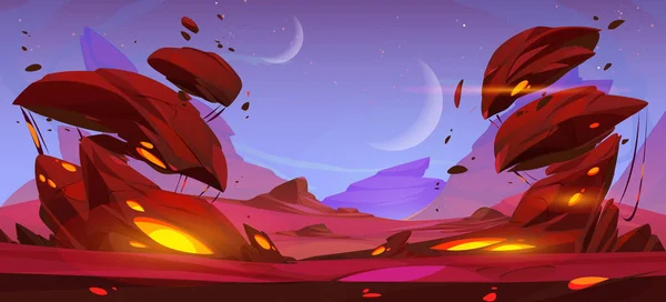 外星太空行星卡通片背景 火星沙漠游戏卡通矢量插图岩石 红色地面和月亮在天空 未来派火星表面外太空景色彩夺目 — 图库矢量图片