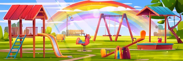 Kinderspielplatz Park Mit Regenbogen Cartoon Vektor Hintergrund Kindergarten Außenbereich Mit — Stockvektor