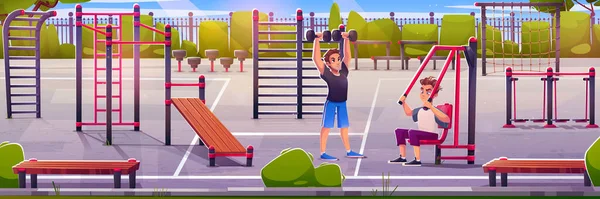 Man in outdoor gym park and street sport equipment vector background. Male character together workout and outside training on public stadium zone. Horizontal cartoon illustration with playground