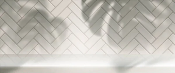 Кухня Білий Стіл Фону Плиткою Стіни Продукту Відображення Листям Тіні — стоковий вектор